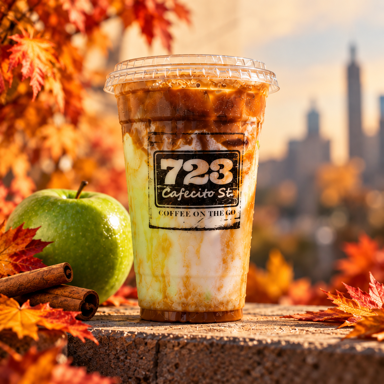 Iced caramel green apple latte beside a green apple