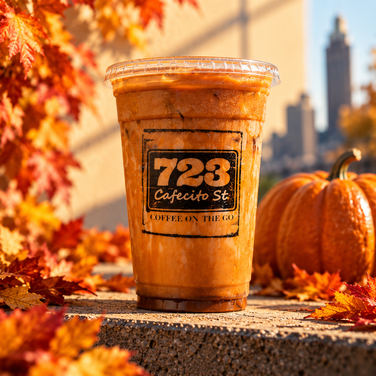Iced pumpkin spice latte with an autumn backdrop